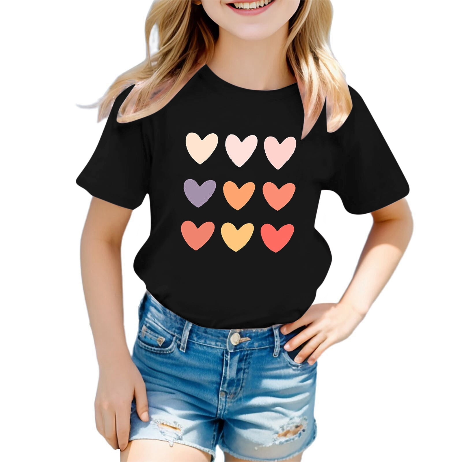 Girls Tops Size 8-10 Round Neck Short-Sleeve T-Shirt Tops Cartoon Print Dry-Fit Back To School Shirt Kids Summer Clothing 7-8 Years(Black)